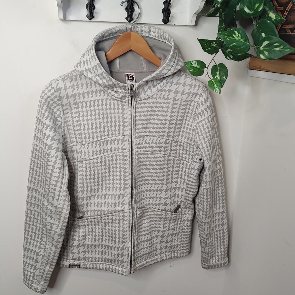 Burton Full Zip Fleece Lined Hoodie in Gray/White Houndstooth Plaid Size Medium